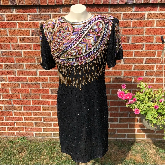 Laurence Kazar Dresses & Skirts - Laurence Kazar Silk Beaded Vintage 80s Dress Retro